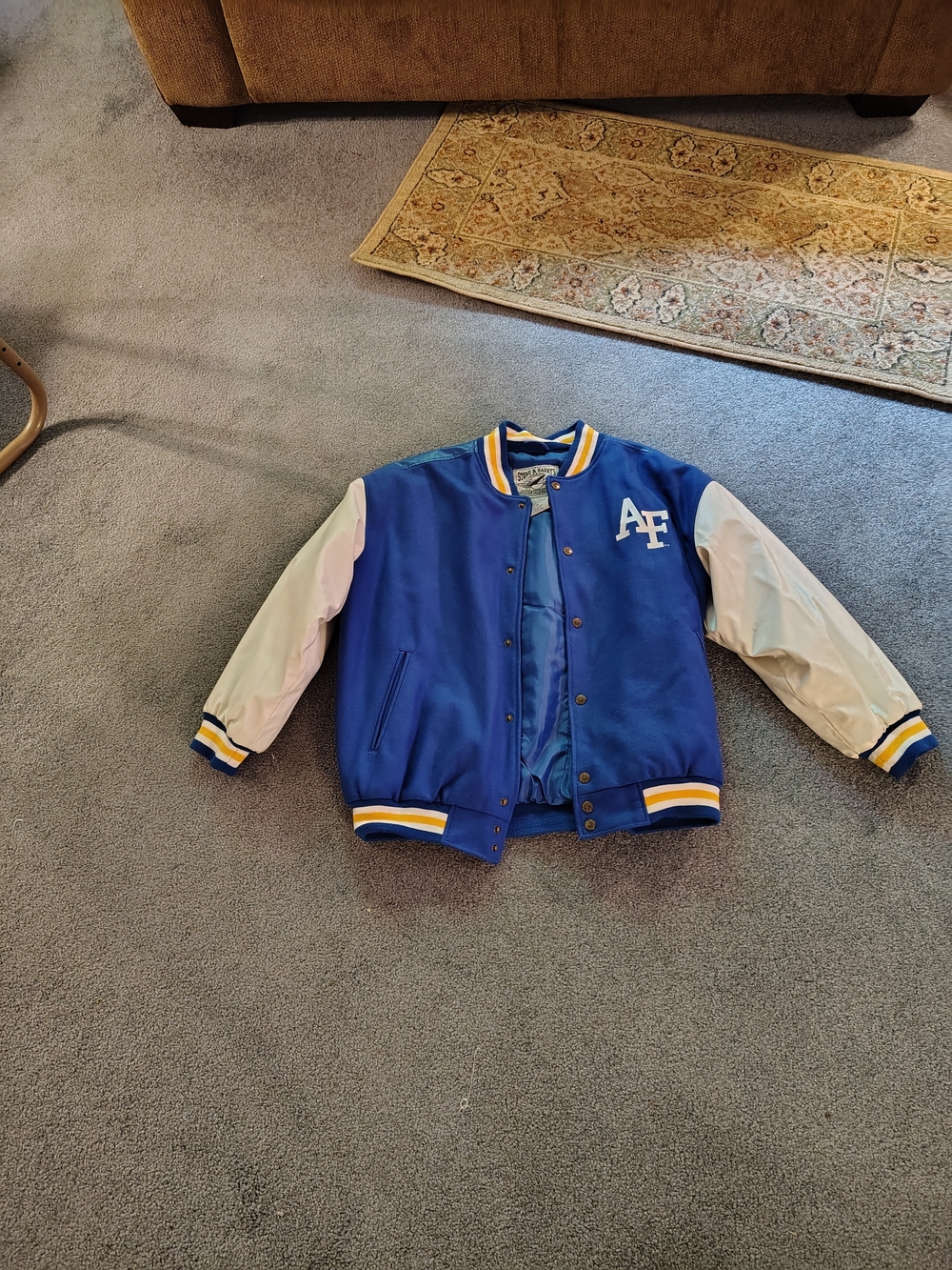 Steve & Barry's Blue and White Varsity Jacket with Yellow Trim